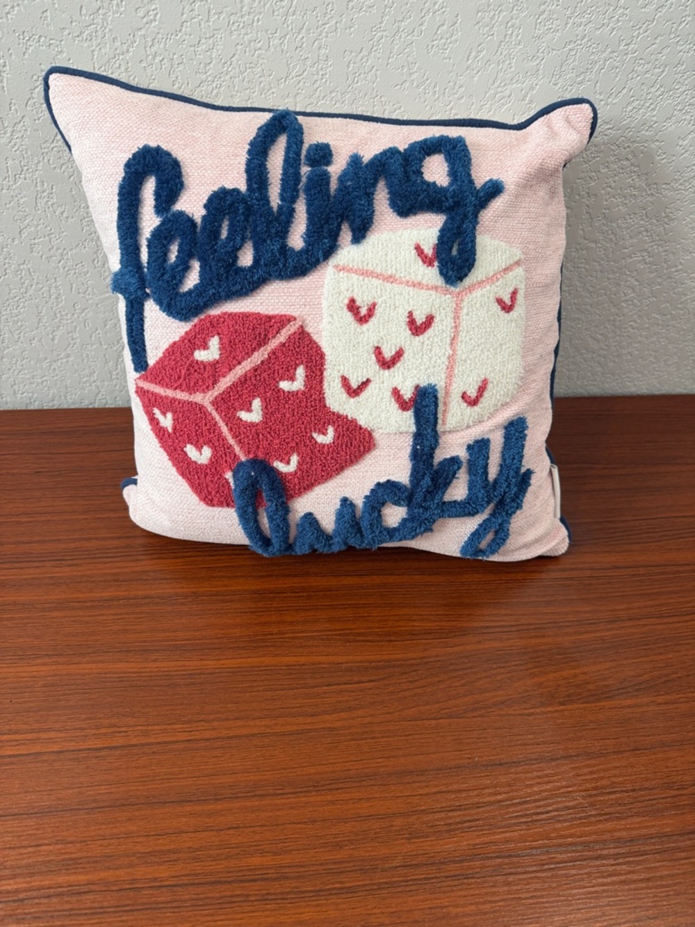 Cupcakes and cashmere Feeling Lucky Embroidered Dice Throw Pillow - Pink & Blue